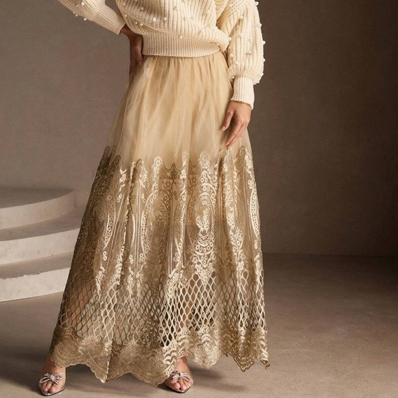 Classic High Stretchy Waist Mesh Overlay Lace maxi Skirt - Picture 3 of 5